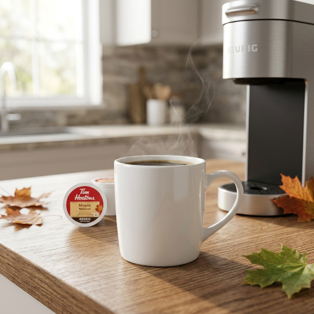 Close-up of a single Tim Hortons Maple Natural Keurig pod brew and the final coffee mug in a cozy, modern kitchen.