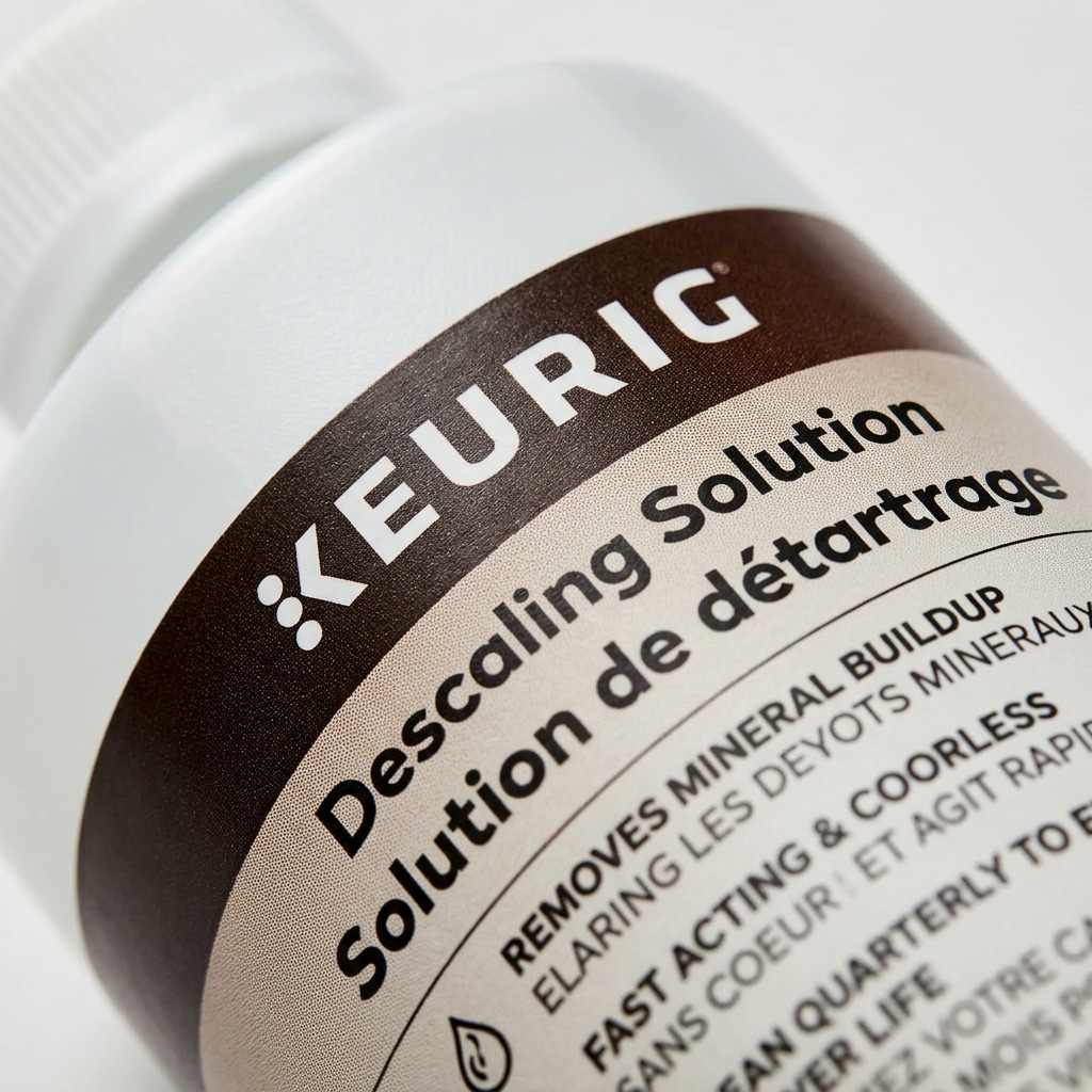 An extreme macro photograph of the textured Keurig logo and fine print on the solution bottle's matte label.