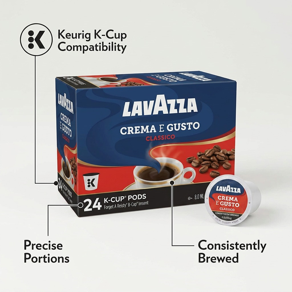 Operational features matrix for Lavazza Crema e Gusto 24 K-Cup pods box: short clear callouts.