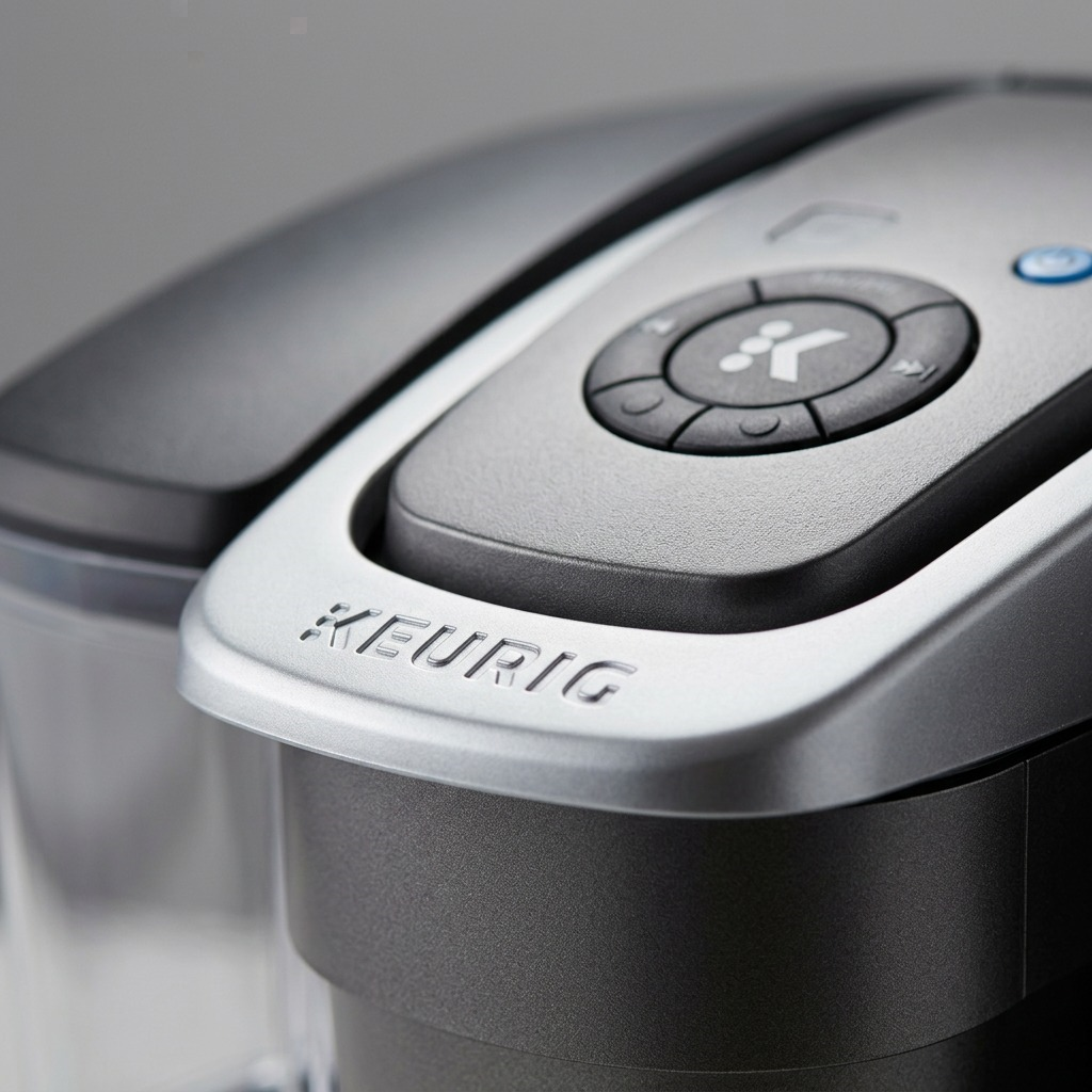 An extreme macro photograph detailing the precise textures and 'KEURIG' embossing of a commercial coffee brewer control panel.