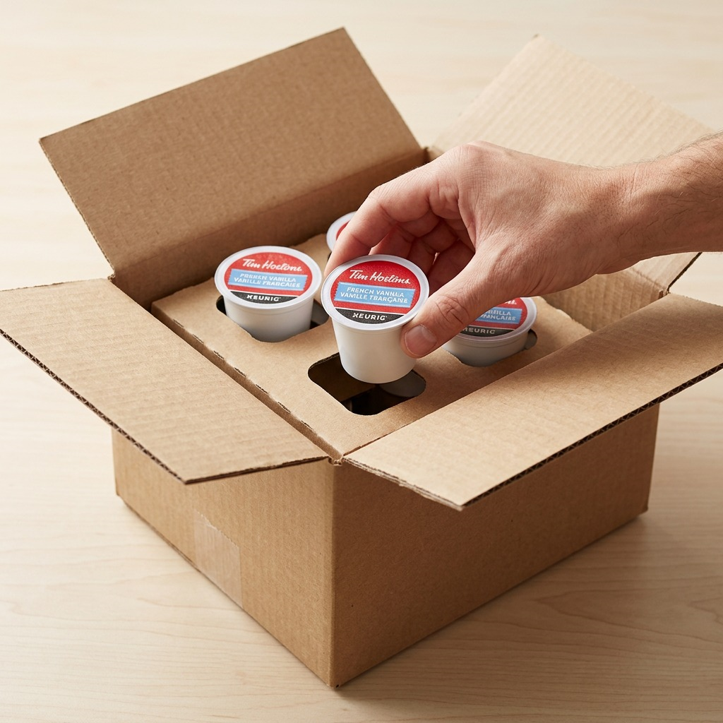 A premium close-up photo of an unboxing sequence showing a stack of French Vanilla K-Cup pods, protected within a form-fitting carboard spacer insert, as they are being removed from an outer shipping carton. Focus is on the product and safety.