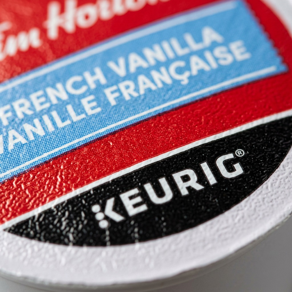 A macro view of the K-Cup lid, highlighting the detailed texture of the printed surface.