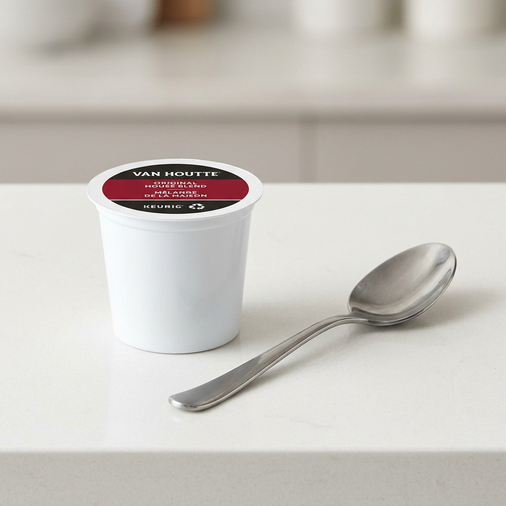 Keurig Canada Inc. coffee K-Cup and a silver spoon on a white countertop, providing a clear scale reference.