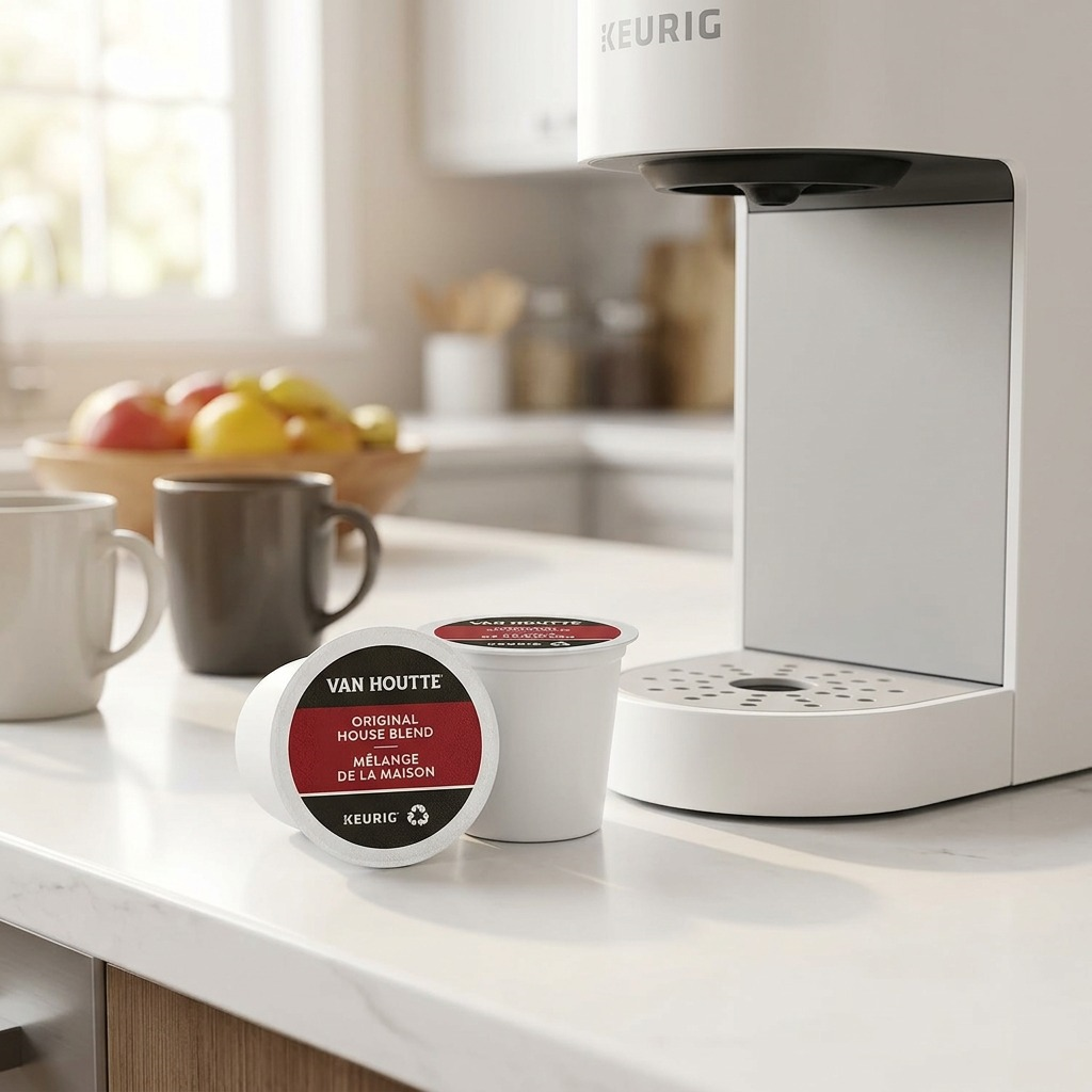 Alternative Text: Two Van Houtte Original House Blend K-Cup pods in a clean, modern kitchen setting.