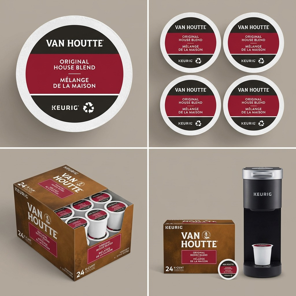 A grid display shows single, side-by-side, top-down, and 3x8 bulk case views of Van Houtte K-Cup pods, including 24-count and 96-count packaging.