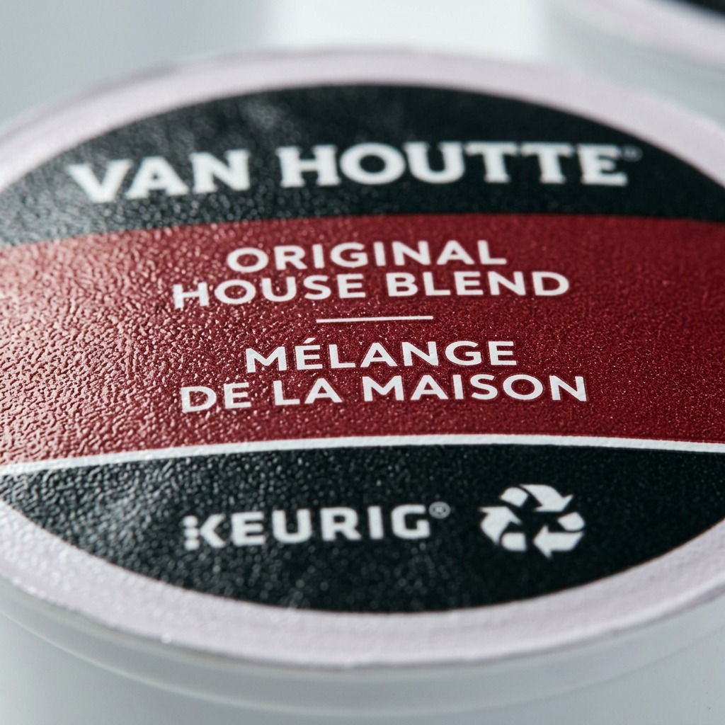 An extreme close-up view of the Van Houtte Original House Blend K-Cup lid, focusing on the textured print.