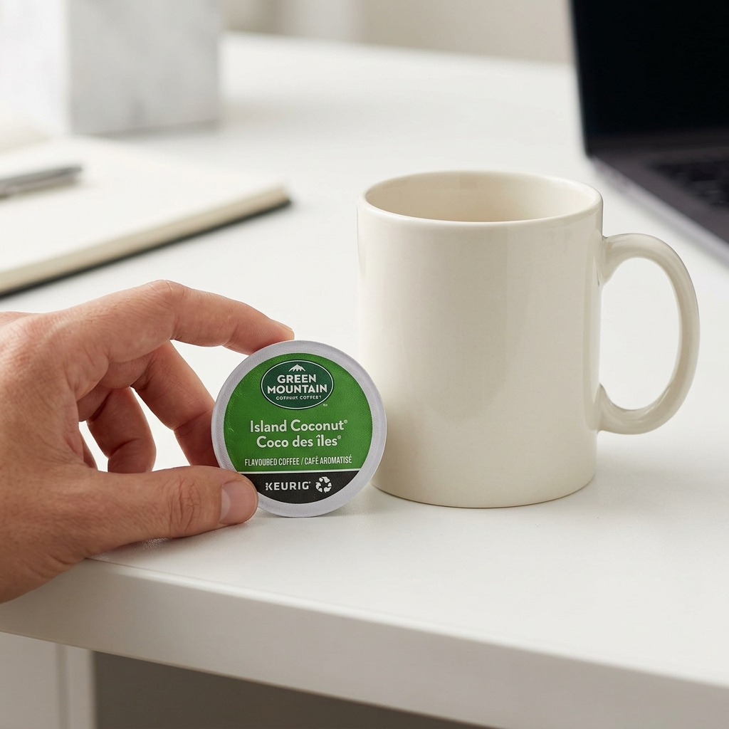 A realistic scale reference image showing a Green Mountain Island Coconut K-Cup beside a standard ceramic coffee mug.