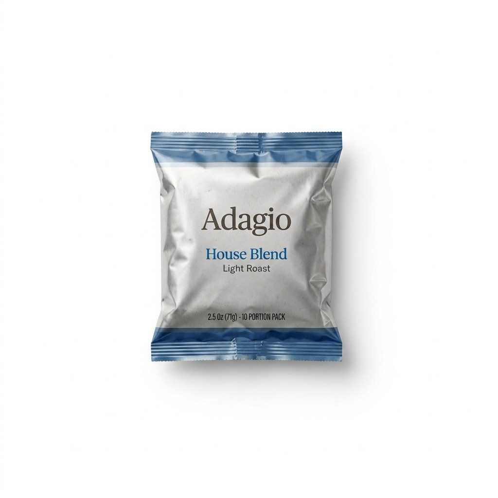 High-resolution centered product shot of a Keurig Adagio House Blend coffee packet on white background.