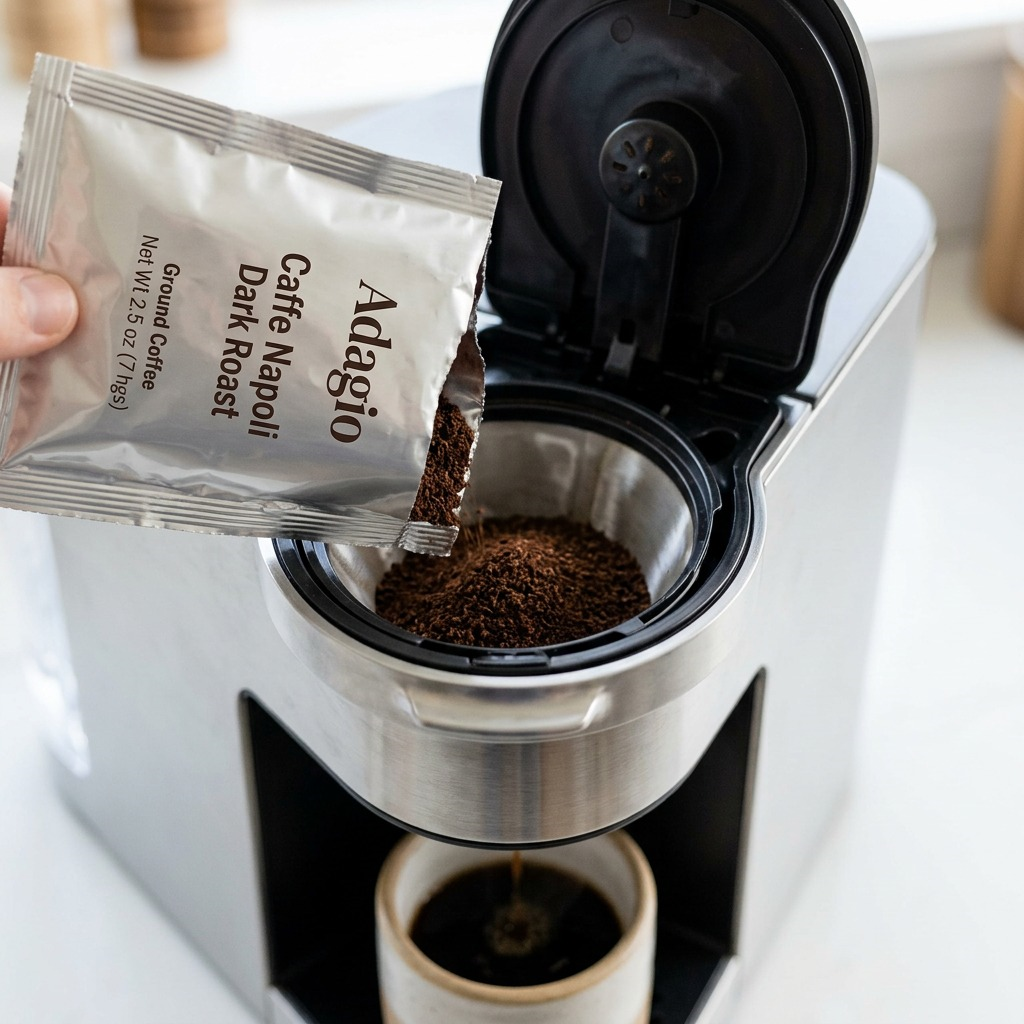 Keurig Adagio Caffe Napoli Dark Roast Ground 2.5Oz open packet, grounds in brewer basket, morning light.