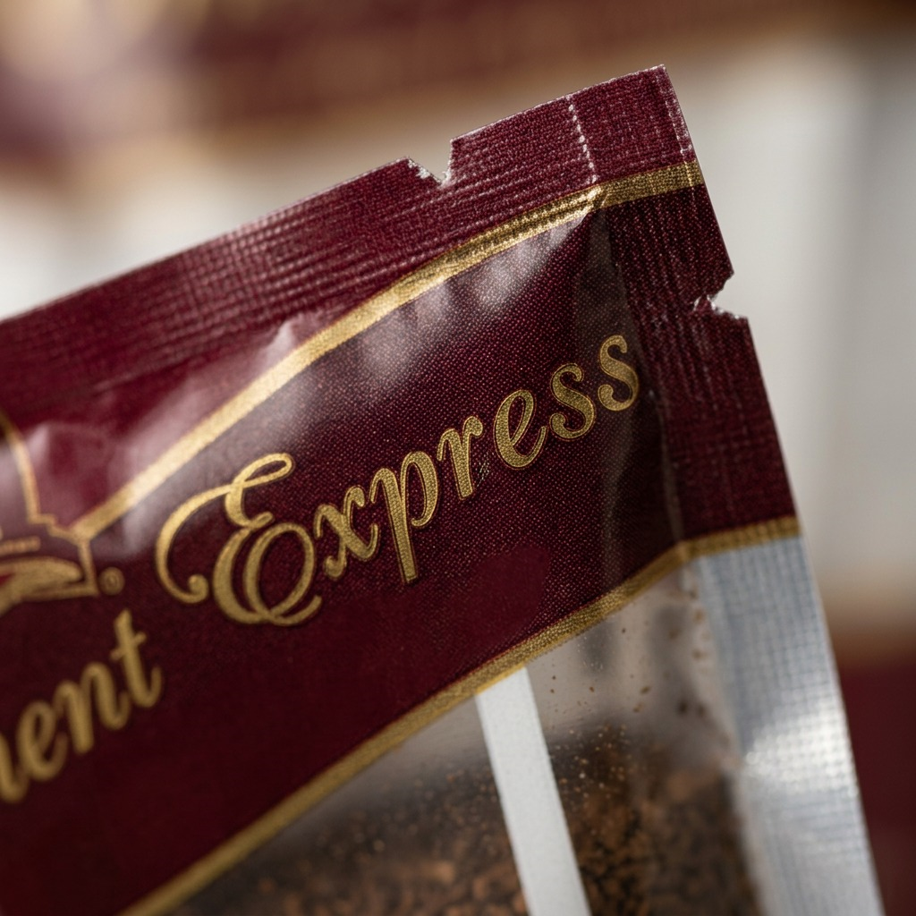 Macro close-up of a maroon Orient Express filter coffee bag, showing texture, gold logo, and a tear-notch.