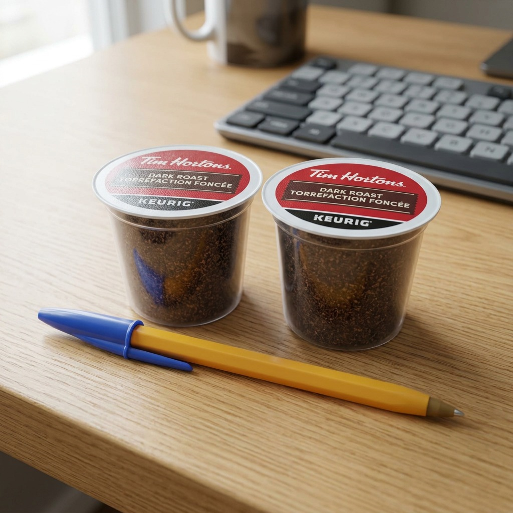 A scale reference image shows two Tim Hortons dark roast K-Cup pods next to a ballpoint pen and keyboard.
