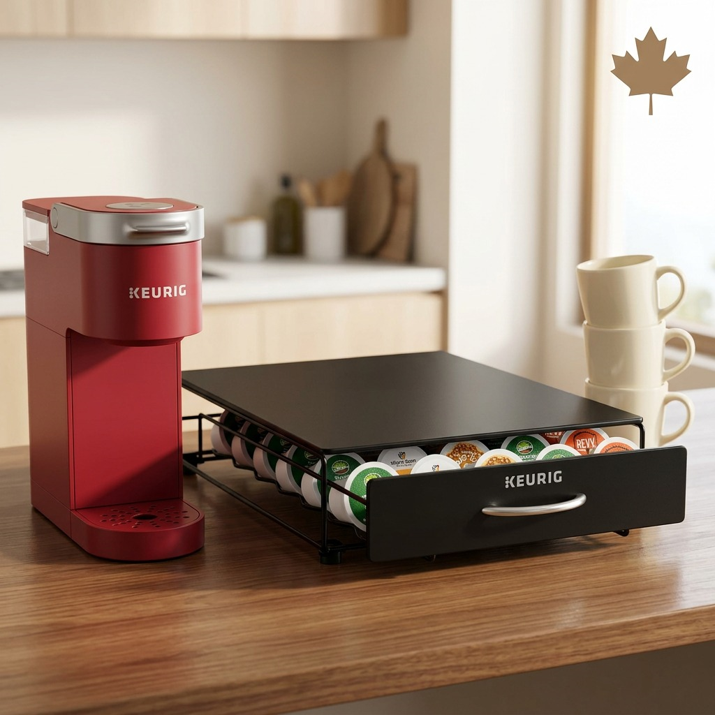 A kitchen scale reference view comparing the 35-count K-Cup drawer to a coffee maker and a ruler.