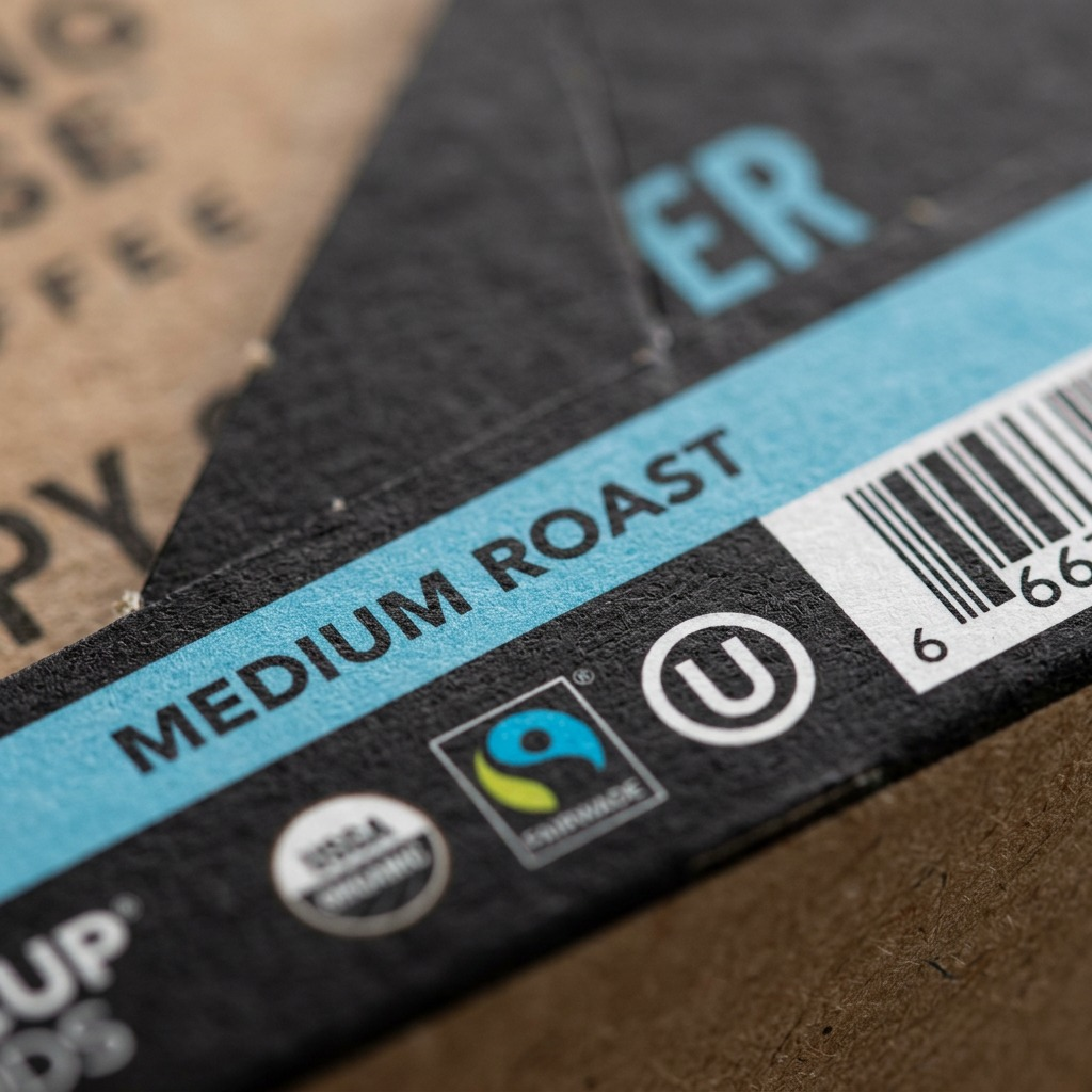 Detail macro view focuses on the "Happy Camper" coffee box texture and white text print quality.