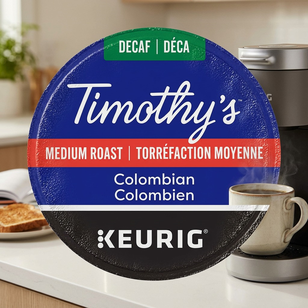 A natural, close-up photo of the Timothy's Decaf Colombian K-Cup pod sitting by a Keurig machine on a kitchen counter.