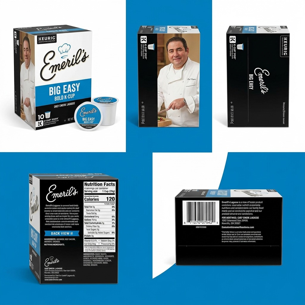 A five-panel product matrix displaying the Emeril's Big Easy Bold coffee pod box from four different angles and with one single pod.