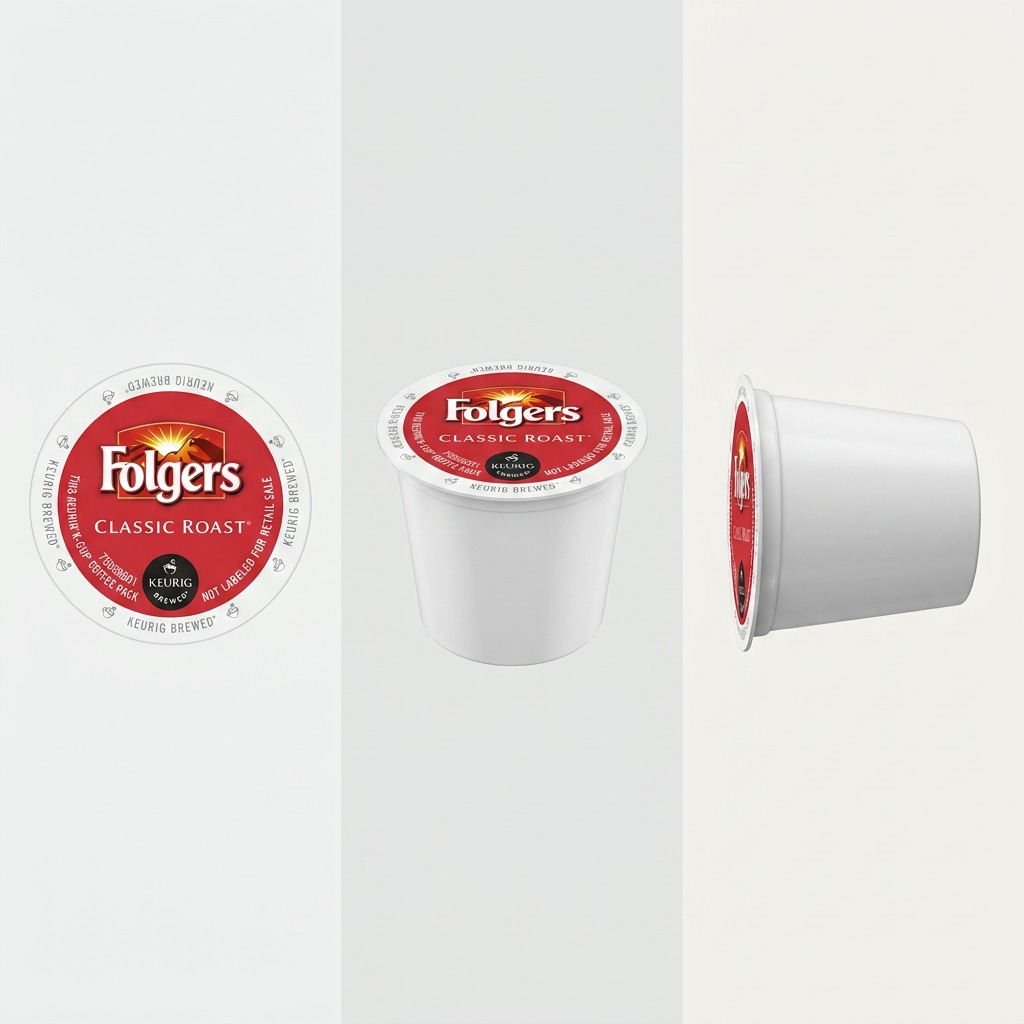 product definition grid showcasing top, angled, and side views of the Folgers Classic Roast K-Cup.