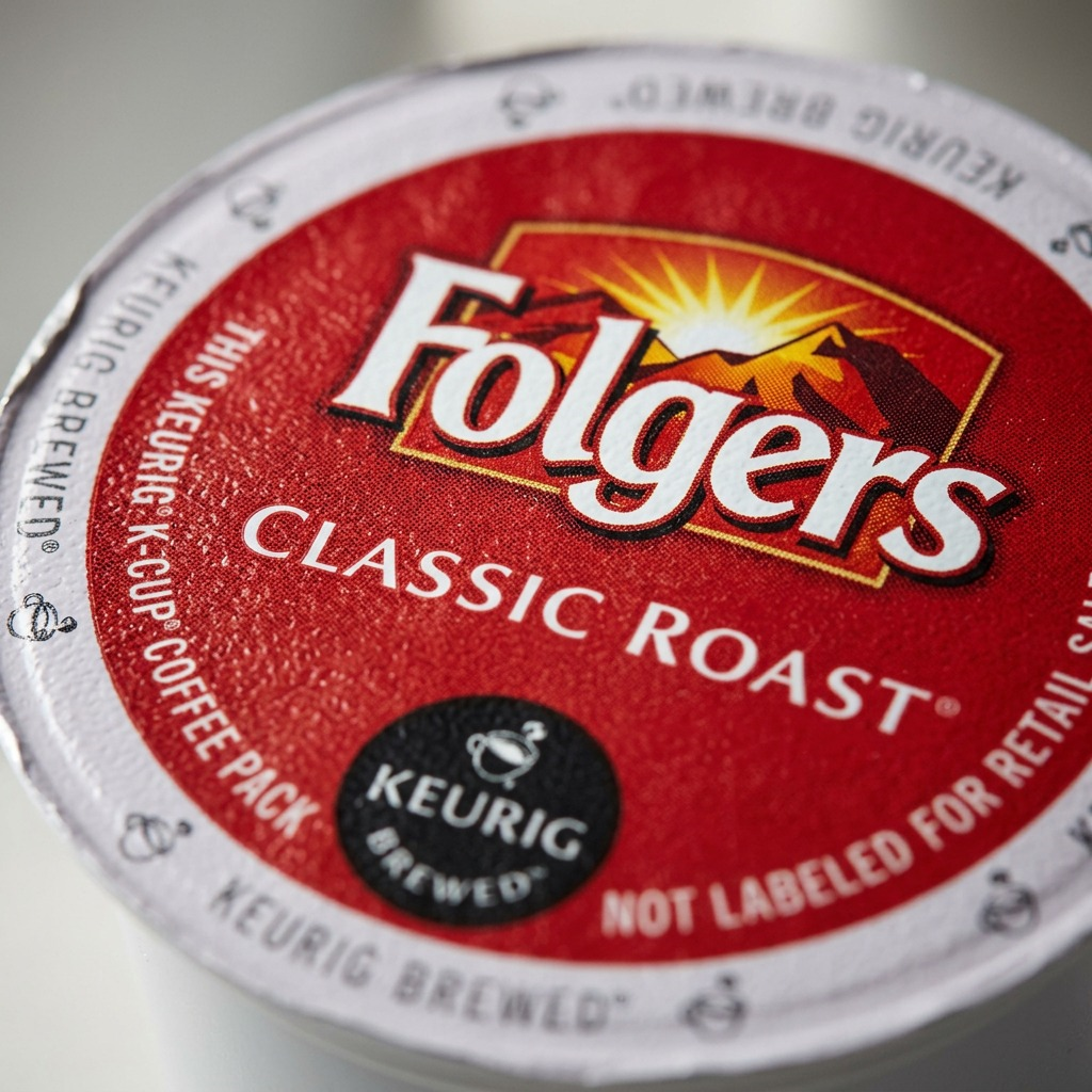 Macro detail shot of the Folgers Classic Roast K-Cup foil lid, highlighting the texture and clear printing.