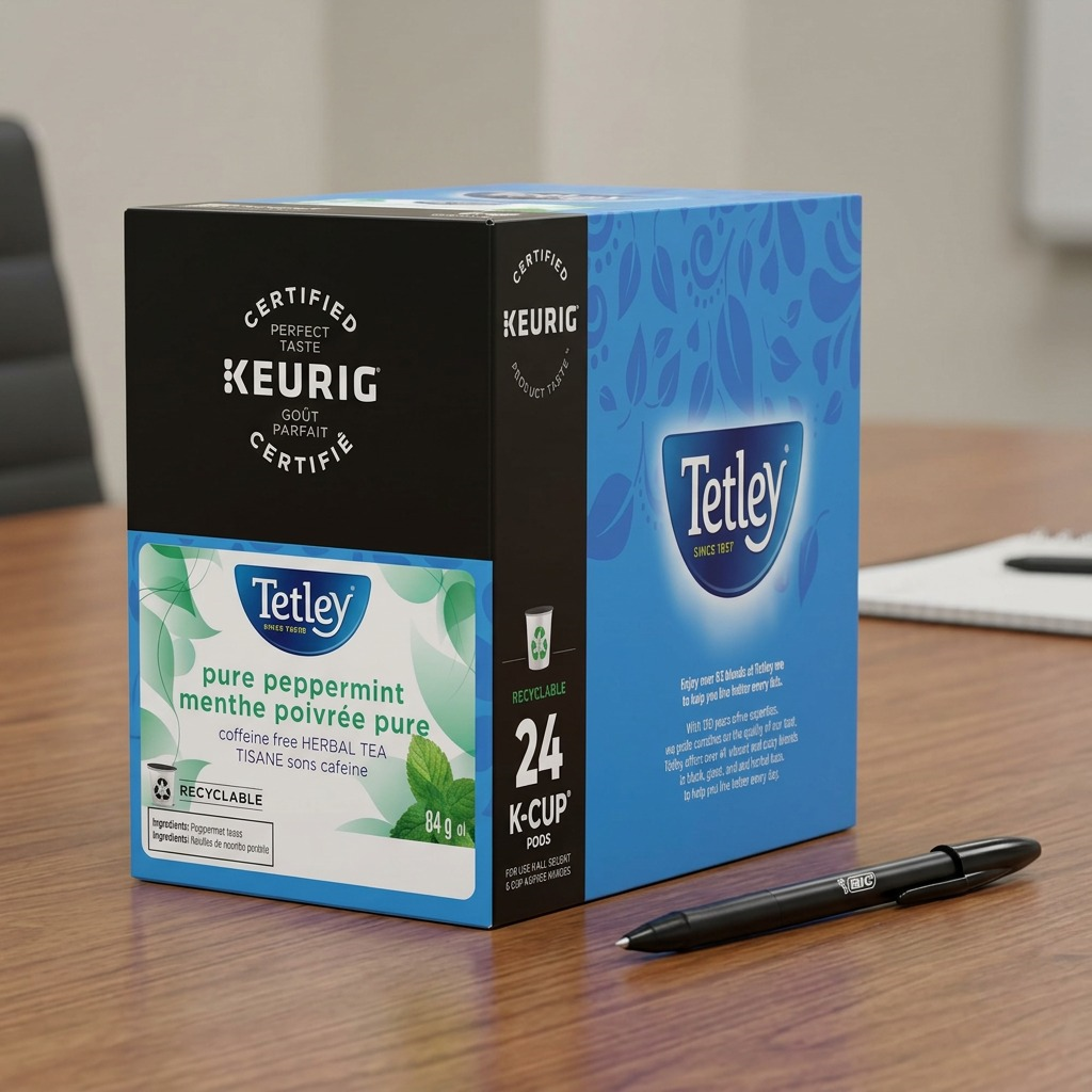 A photo of the Tetley Pure Peppermint K-Cup box standing on a wood desk next to a black ballpoint pen to visualize product size.
