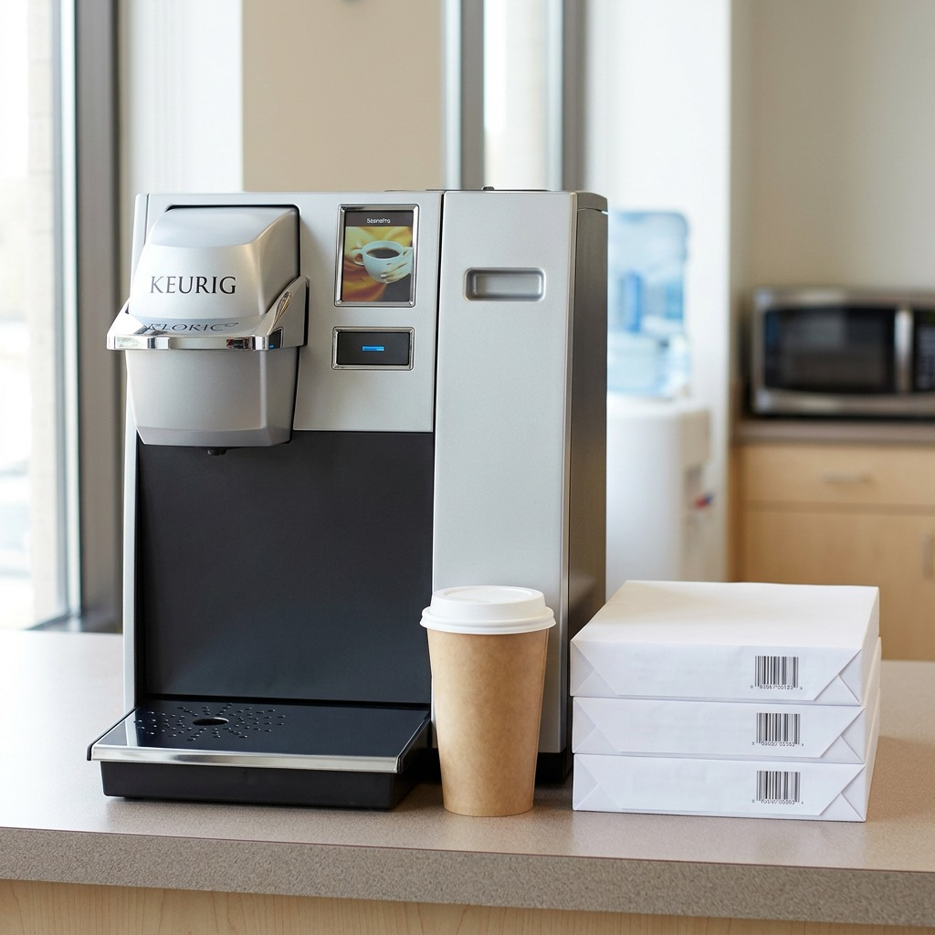 A silver single-cup coffee brewer, as seen in the product image, is shown on a wooden office desk. To its right, there is a stack of three standard reams of letter-sized (8.5x11 inch) white copy paper with generic blue labels. Below the stack of paper is a standard, unbranded 12oz paper coffee cup with a lid, similar to those found in coffee shops. Natural daylight comes from a window in the background, creating soft lighting. The focus is on the coffee maker and its comparison points.