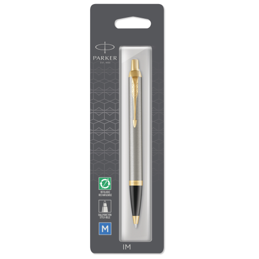 Parker IM Ballpoint Pen, Brushed Metal with Gold Trim, Medium Point, Blue Ink, Blister Pack