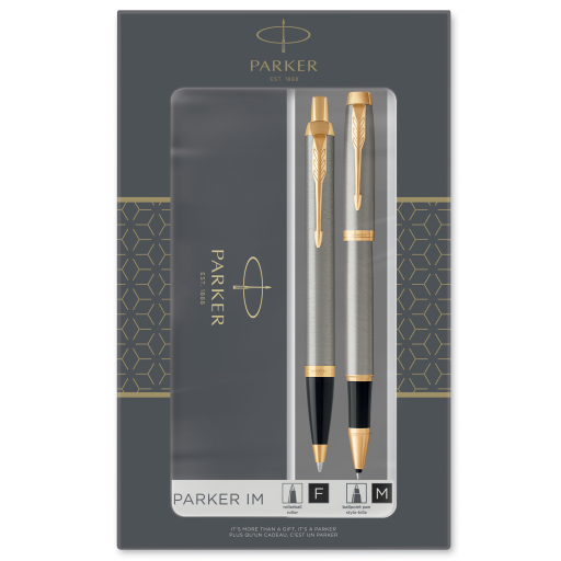 Parker IM Duo Gift Set with Ballpoint Pen & Rollerball Pen | Brushed Metal with Gold Trim | Black Ink Refill & Cartridge | Gift Box