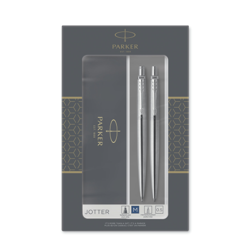 Parker Jotter Duo Gift Set with Ballpoint Pen & Mechanical Pencil (0.5mm), Stainless Steel with Chrome Trim, Blue Ink Refill