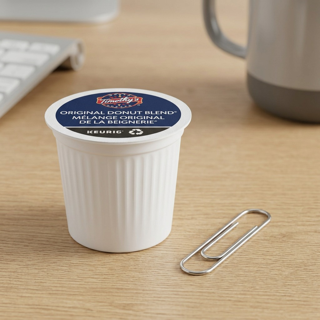 A K-Cup pod is positioned beside a standard paperclip on a desk, providing a clear reference for the product's small, to-scale size.