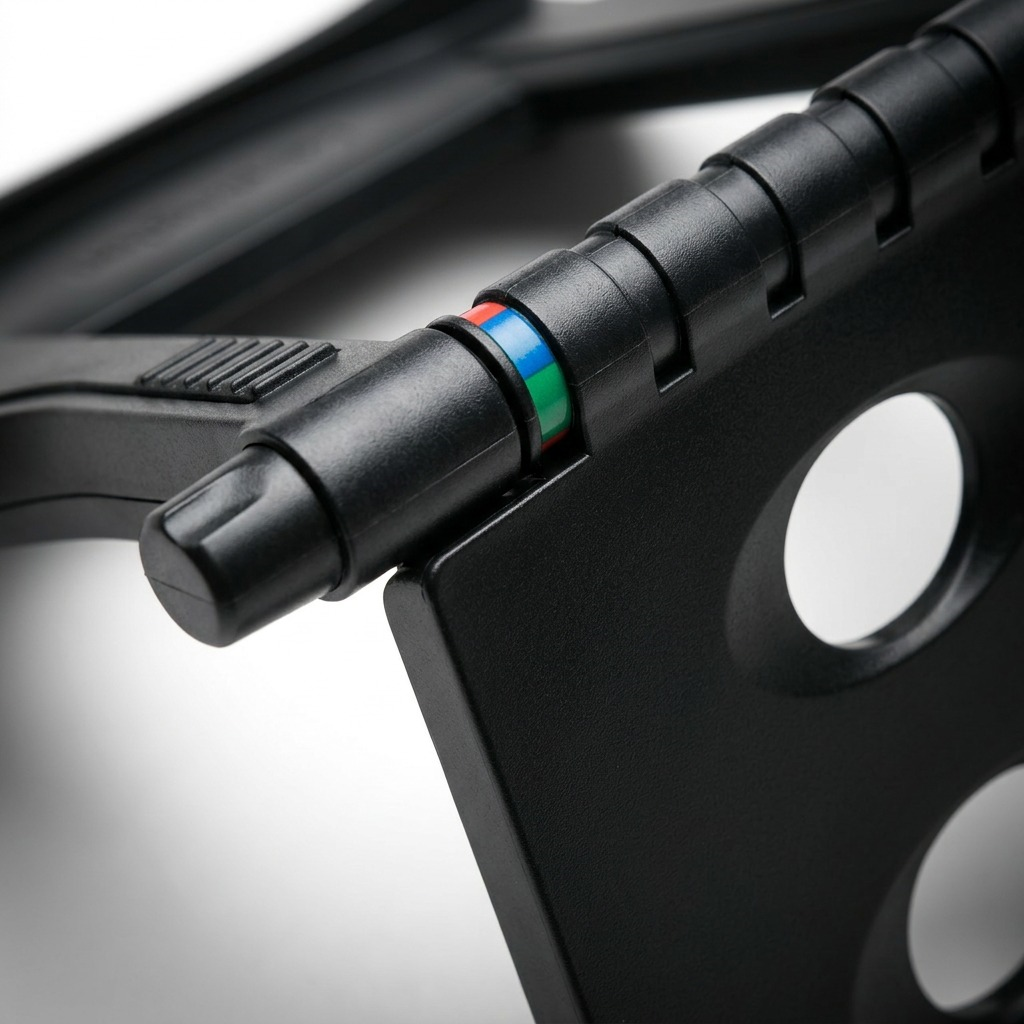 Extreme close-up macro view of the Kensington notebook stand's adjustment hinge, colored indicators, and ventilation holes.