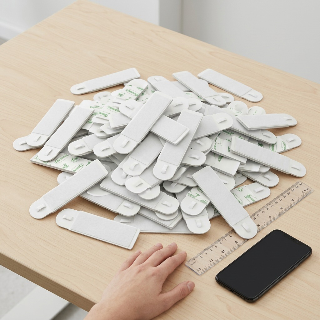 A workspace photo showing a large pile of Command Picture Hanging Strips on a wood desk alongside a hand, ruler, and smartphone for scale reference.