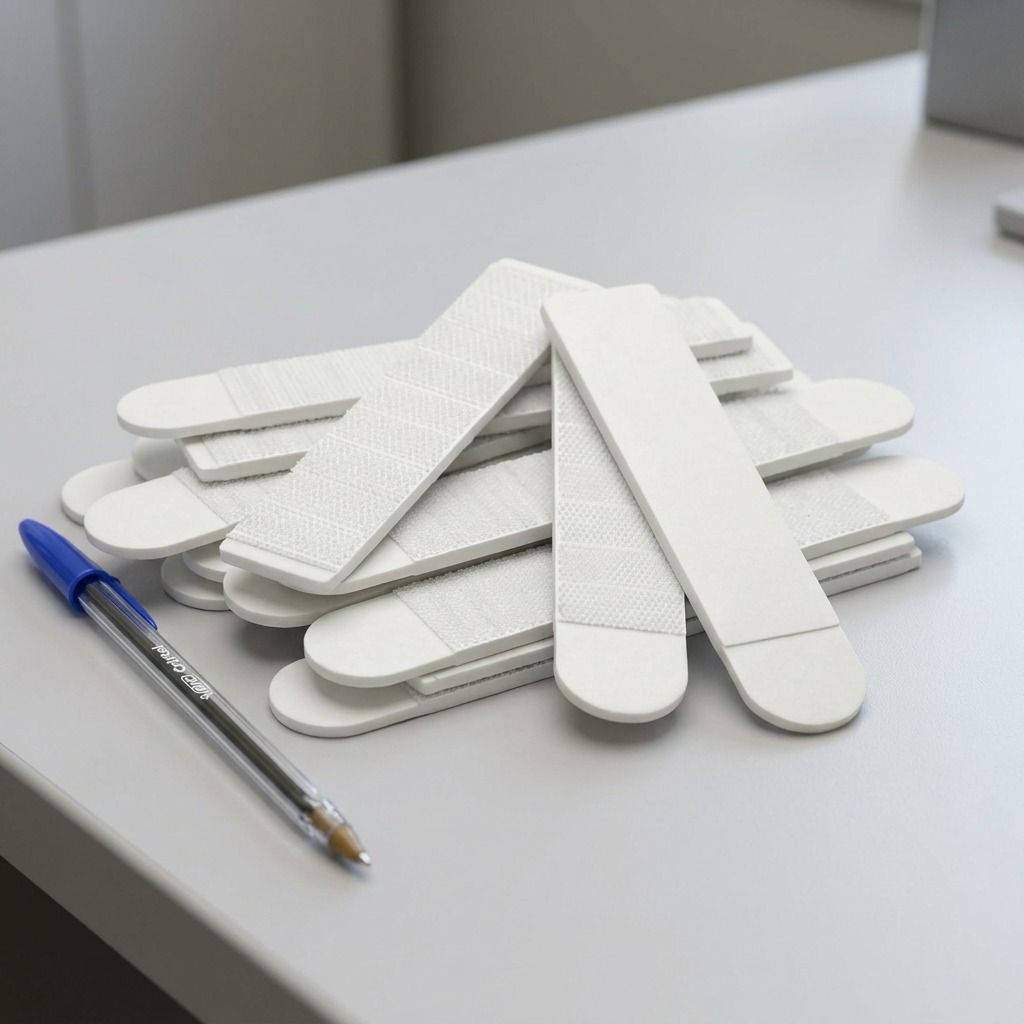 A pile of white Command strips lies on a desk next to a blue pen for size comparison.