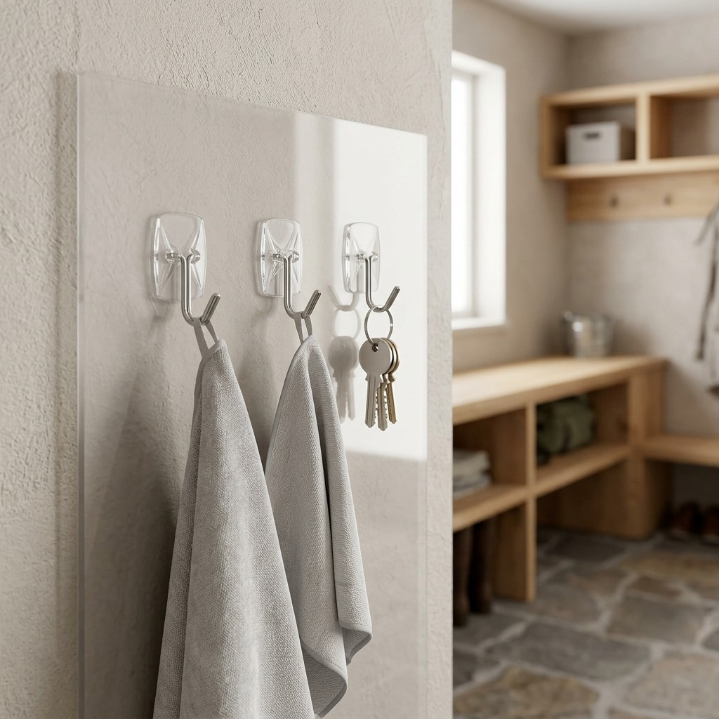 A photograph shows several 3M Command Small Wire Hooks mounting kitchen towels and keys on a clear plastic surface.
