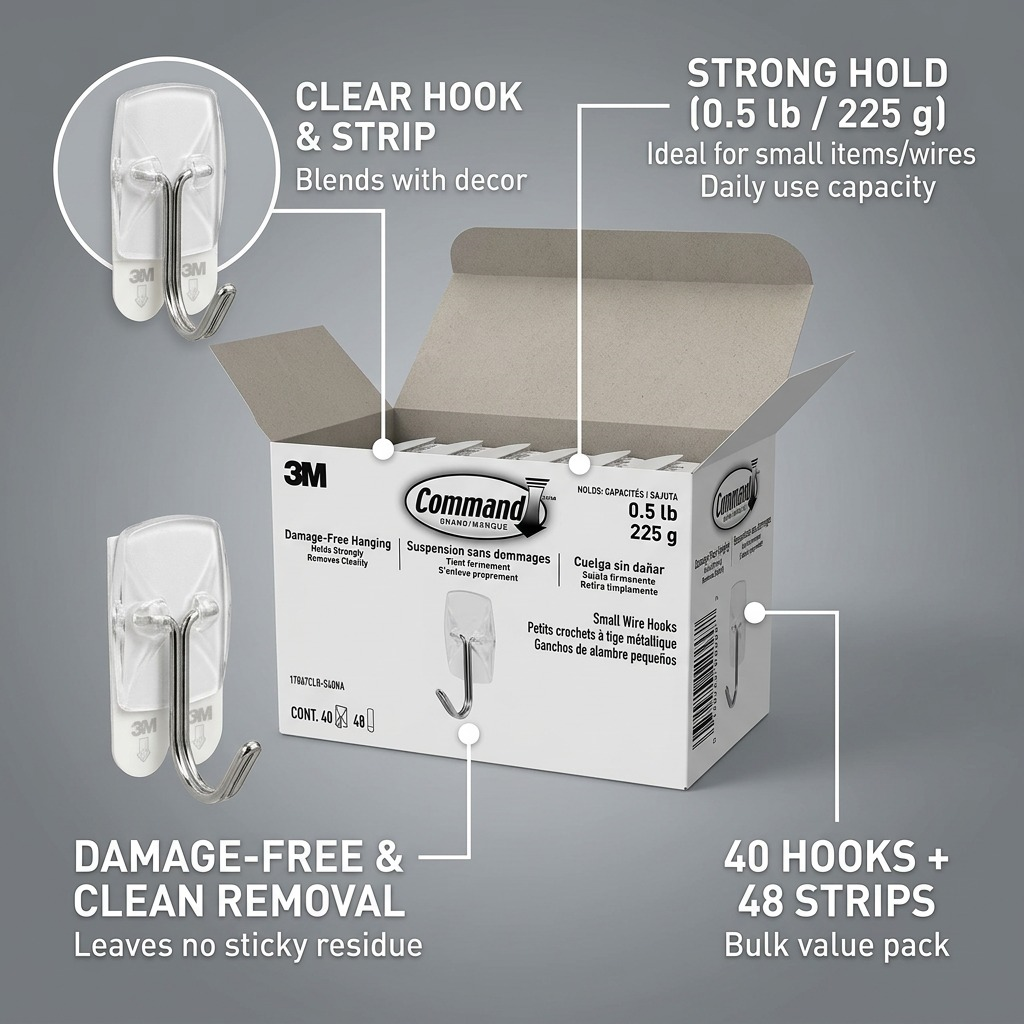 An infographic for the 40-pack of Command Clear Small Wire Hooks, highlighting features.