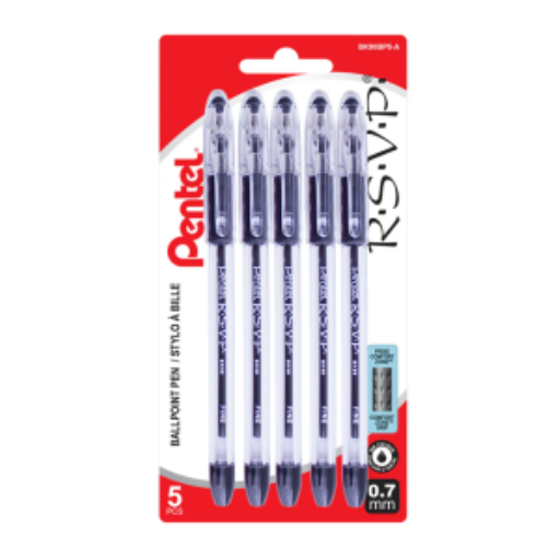 R.S.V.P. Ballpoint Pen, (0.7mm), Black Ink, 5PC Pack