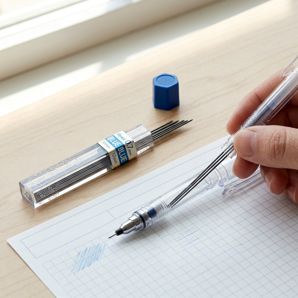 A close-up photograph of one Pentel 0.7mm Blue Refill Lead tube in use, lying on a wooden desk next to a sheet of graph paper and an open mechanical pencil, with other leads partially inserted. Natural light illuminates the scene, which emphasizes the fine line product in a working environment. An individual lead is shown resting on the paper, indicating it writes with blue.