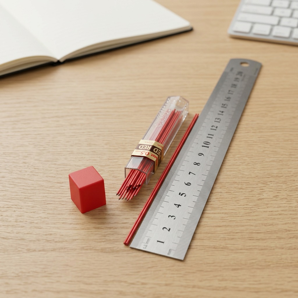 A scale reference image of the Pentel PPR-5 red refill lead tubes, showing their true size next to the fingers and hand of an average person on a light wooden desk.