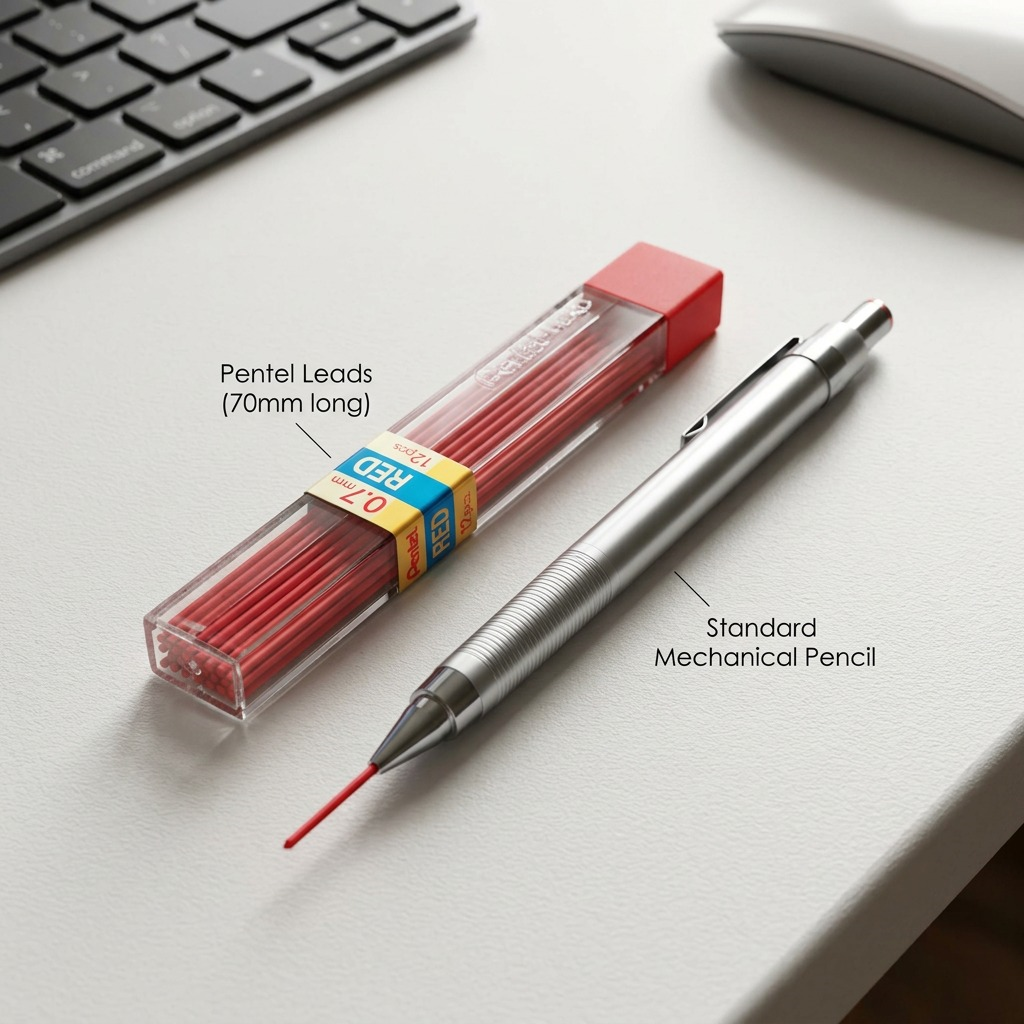 A photo of the Pentel PPR-7 red 0.7mm mechanical pencil lead case shown next to an everyday object for a size comparison.