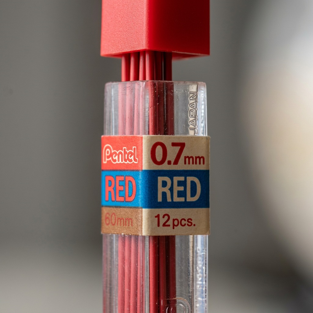 Extreme macro-view detailing printed text 'RED 0.7mm' on label and clear tube texture with red lead visible.