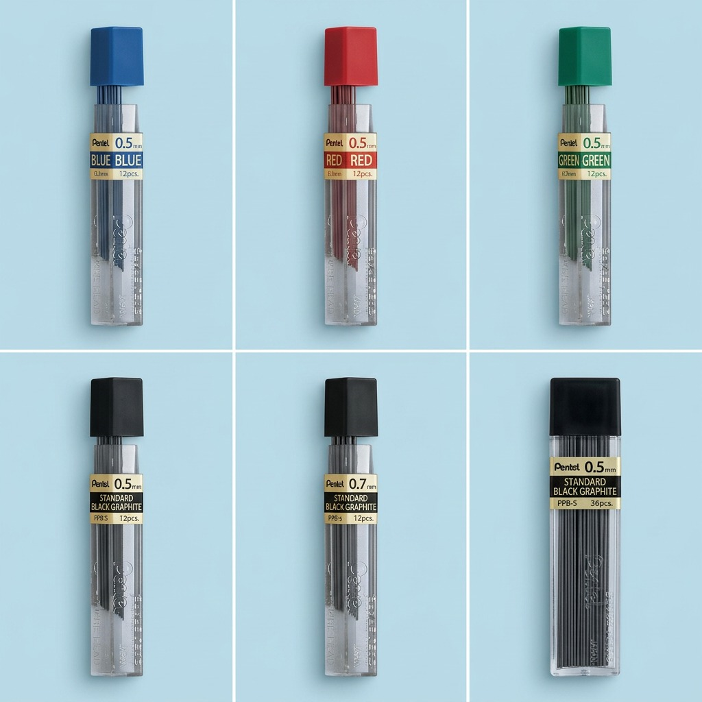 A premium 3x2 grid display showcasing six color and size configuration options based on the Pentel lead refill, against unified brand-aligned backgrounds.