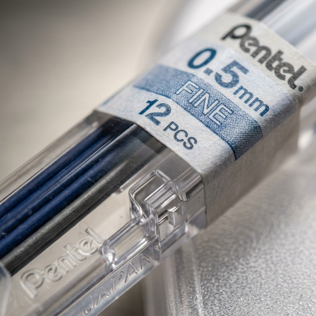 An intense macro photo shows the precise tip details of three Pentel blue refill leads.