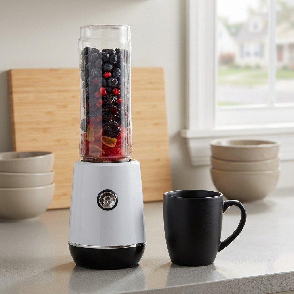 A photo showing the Oster MyBlend Plus Personal Blender for scale on a counter next to a black mug.