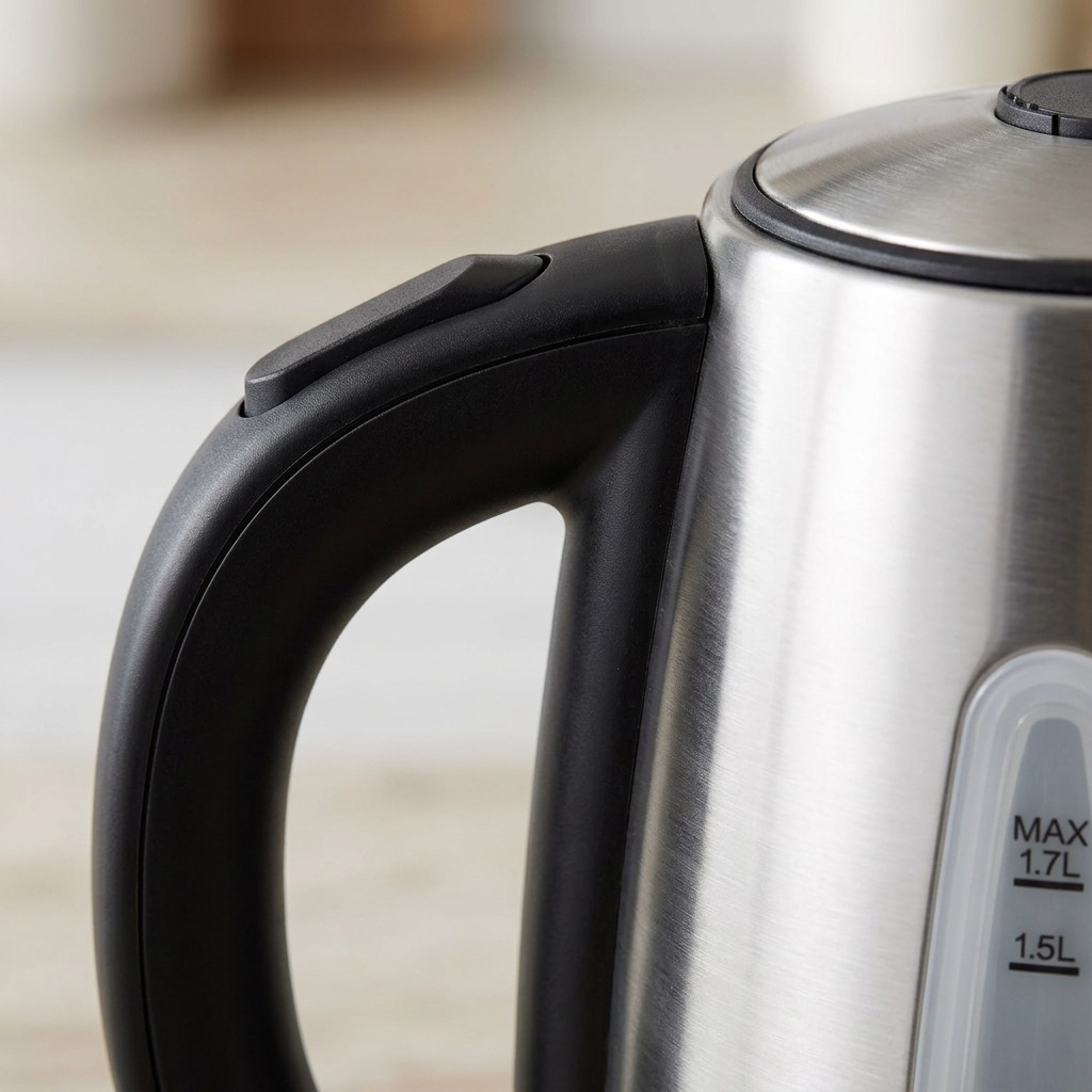 An extreme close-up view of the 1.7L Oster electric kettle's control handle and stainless steel lid, highlighting texture.
