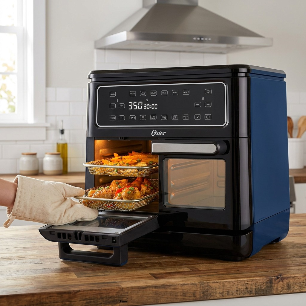 Alt text: Lifestyle photo of the Oster 11-Quart Flex Air Fryer Oven on a wooden kitchen counter. Its two baskets are cooking fries and chicken wings.