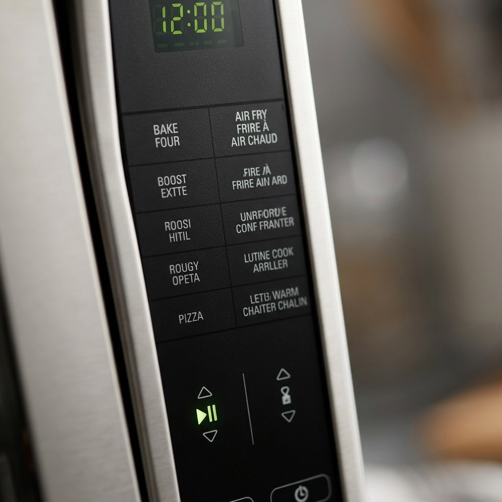 Macro shot of the stainless steel finish and digital controls of the Oster countertop oven.