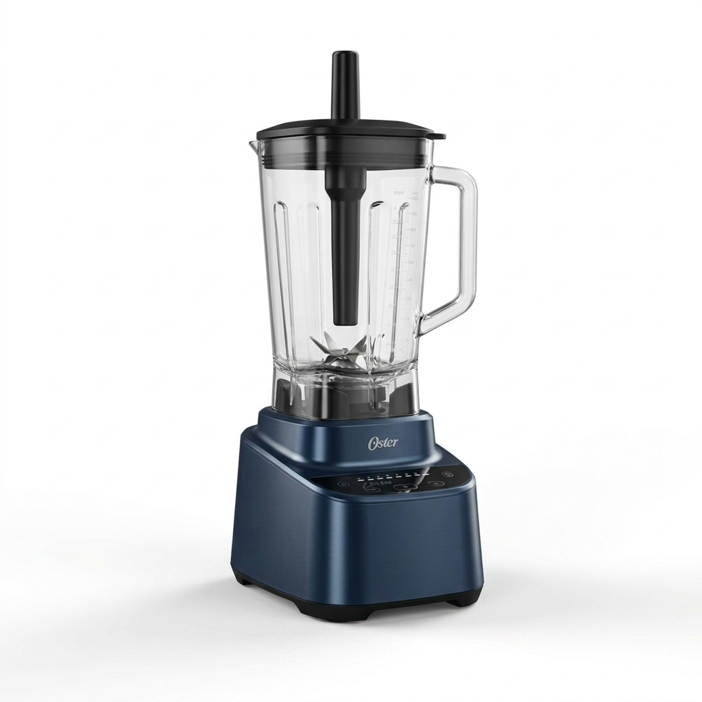 Pure high-resolution hero shot of the Oster 2186681 XL Professional Blender on a perfect white void, showcasing its metallic blue base and large clear jar.