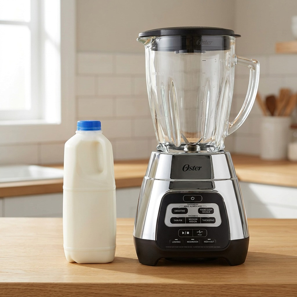 A wide-angle product photograph showcasing the Oster Texture Select Master Series Blender placed on a kitchen countertop right next to a standard 8-ounce glass bottle of milk to provide a clear sense of scale. The blender is positioned to the left against a neutral, light-grey wall.