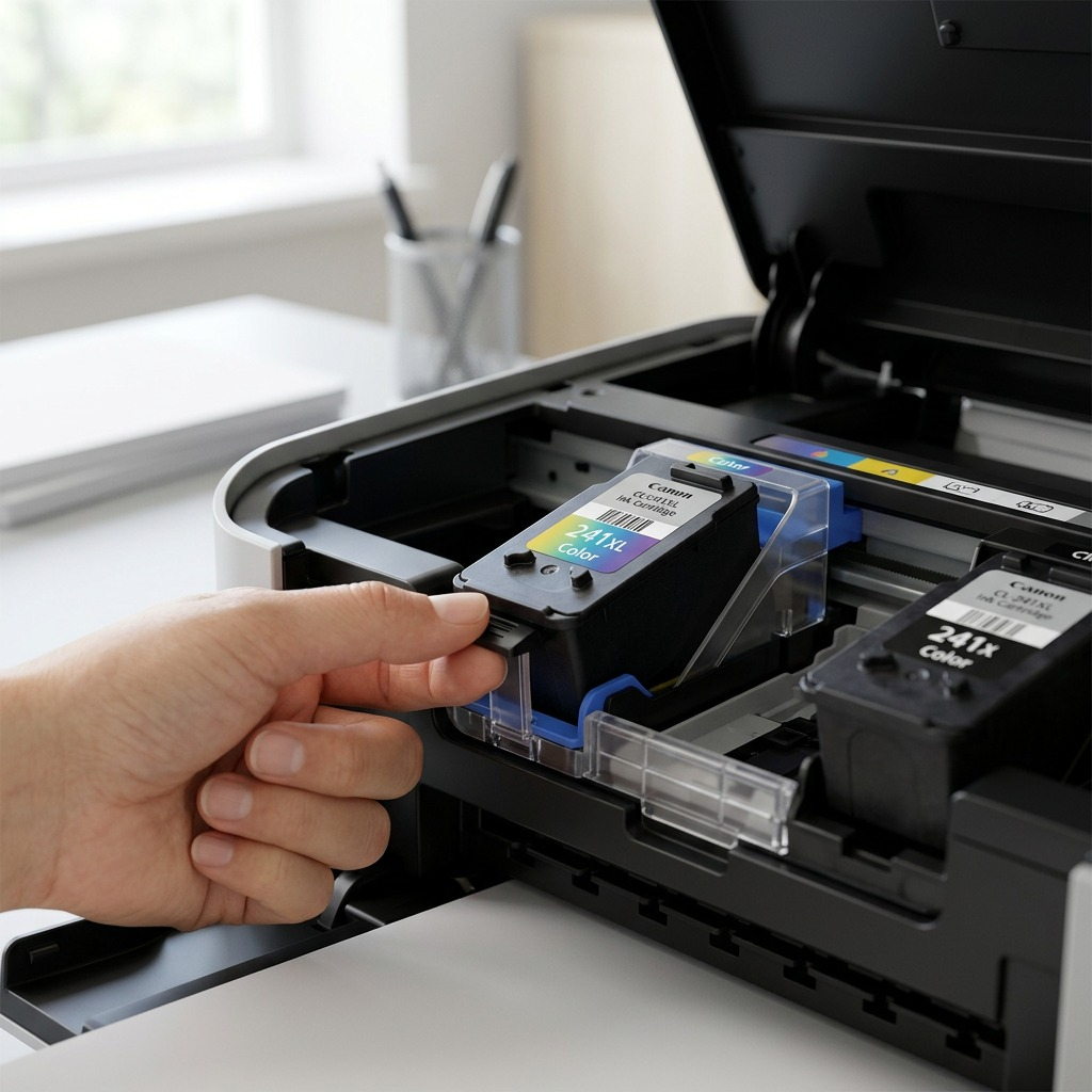 A Canon CL-241XL color ink cartridge is installed inside a home office printer, showing accurate scale.
