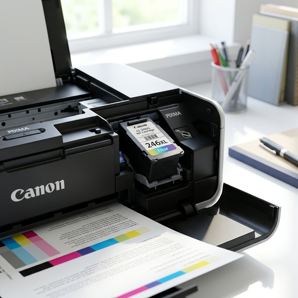 A Canon CL-246XL ink cartridge installed in a compatible Canon PIXMA printer with a test print page.