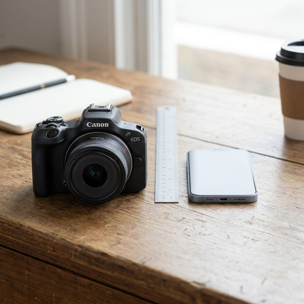 Canon EOS R100 camera and 18-45mm lens kit shown next to an iPhone for scale on a desk.
