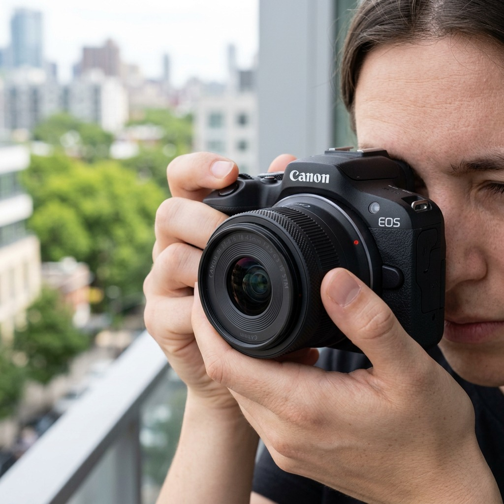 Lifestyle shot of someone holding the Canon EOS R100 camera and lens on a balcony overlooks a city skyline.
