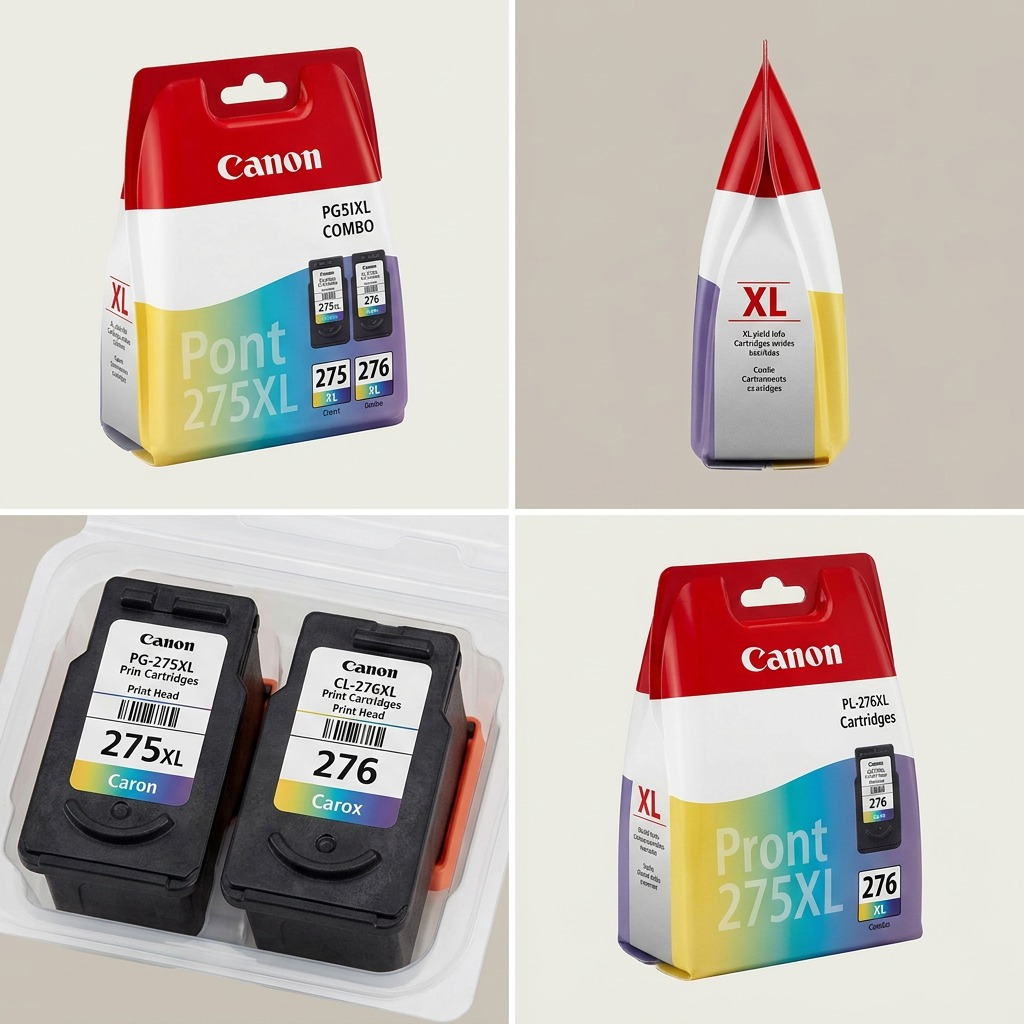 A premium 2x2 grid matrix showcasing the Canon PG-275XL/CL-276XL Combo from four distinct angles, grounded by the canonical image.